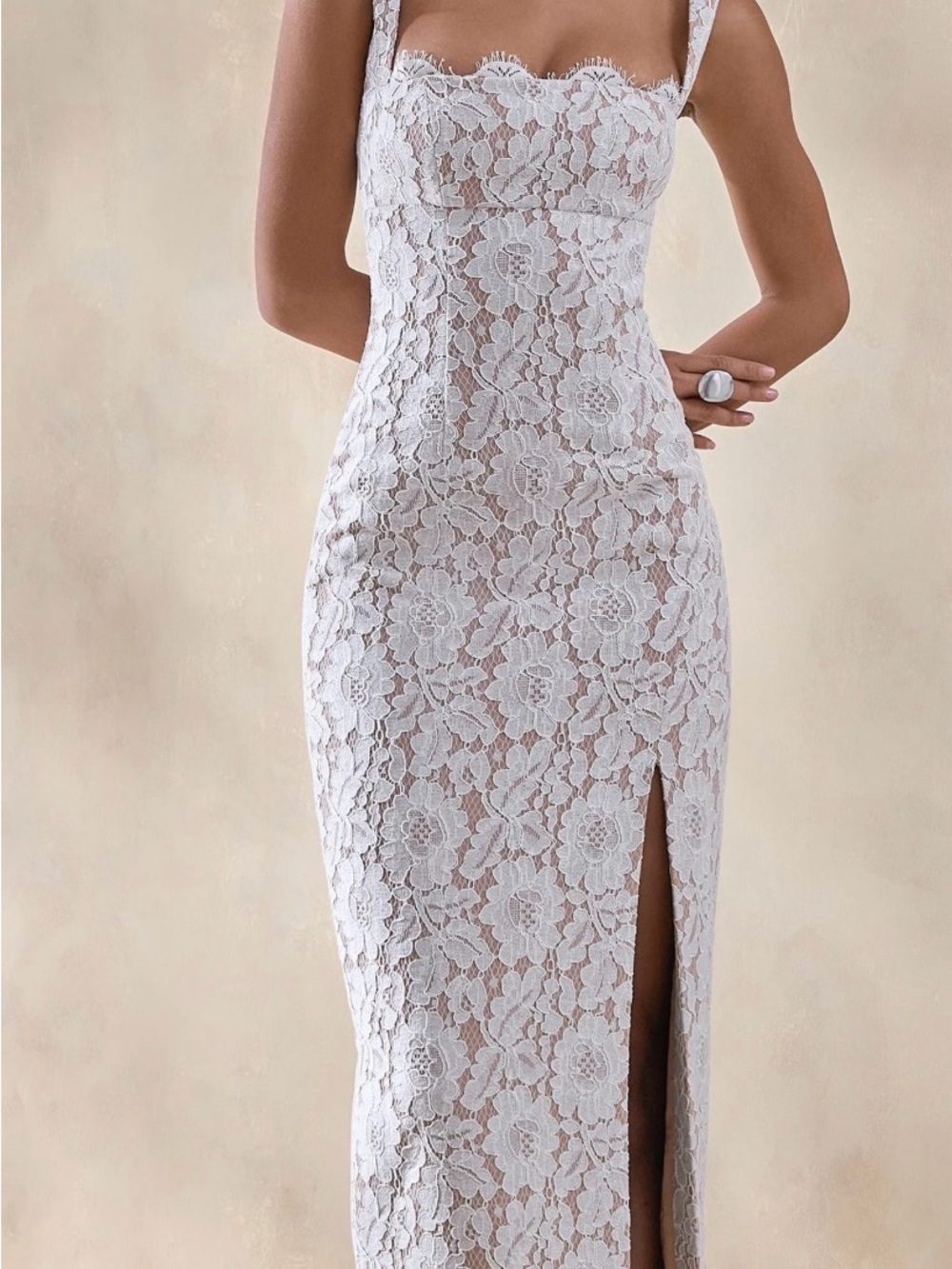 White Lace Maxi Dress with Square Neck and Thigh Slit Club London 4 zarisse smal